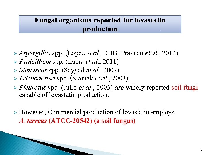 Fungal organisms reported for lovastatin production Aspergillus spp. (Lopez et al. , 2003, Praveen
