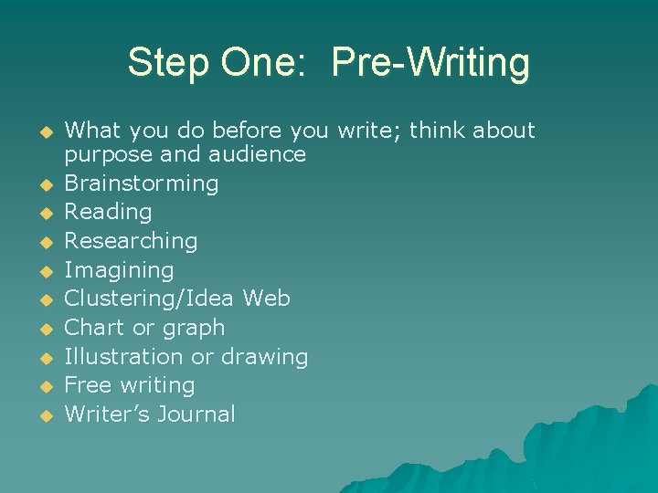 Step One: Pre-Writing u u u u u What you do before you write;