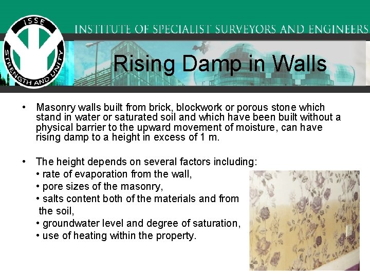 Rising Damp in Walls • Masonry walls built from brick, blockwork or porous stone