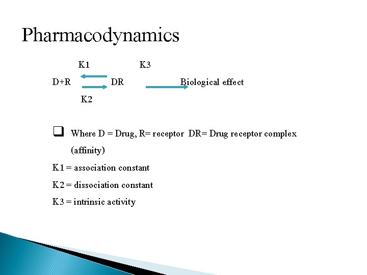 Pharmacodynamics D+R K 1 K 2 DR K 3 Biological effect q Where D