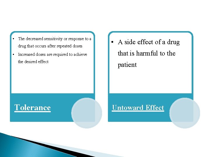  • The decreased sensitivity or response to a drug that occurs after repeated