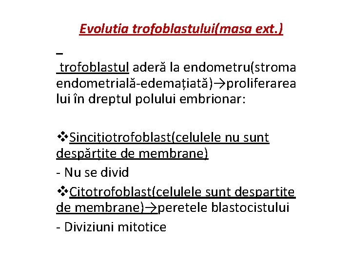 Evolutia trofoblastului(masa ext. ) trofoblastul aderă la endometru(stroma endometrială-edemațiată)→proliferarea lui în dreptul polului embrionar: