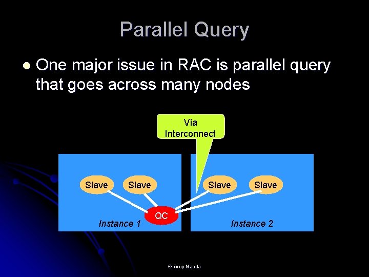 Parallel Query l One major issue in RAC is parallel query that goes across