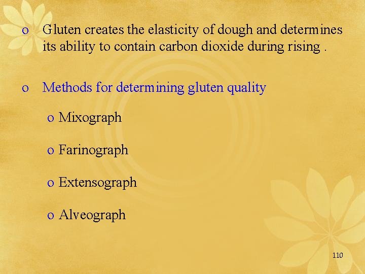 o Gluten creates the elasticity of dough and determines its ability to contain carbon