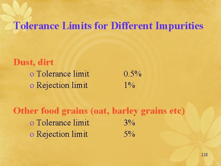 Tolerance Limits for Different Impurities Dust, dirt o Tolerance limit o Rejection limit 0.