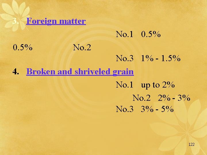 3. Foreign matter No. 1 0. 5% No. 2 No. 3 1% - 1.