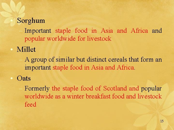  • Sorghum – Important staple food in Asia and Africa and popular worldwide