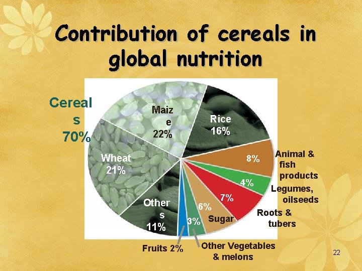 Contribution of cereals in global nutrition Cereal s 70% Maiz e 22% Wheat 21%