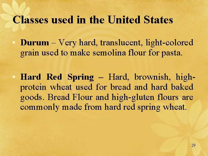 Classes used in the United States • Durum – Very hard, translucent, light-colored grain