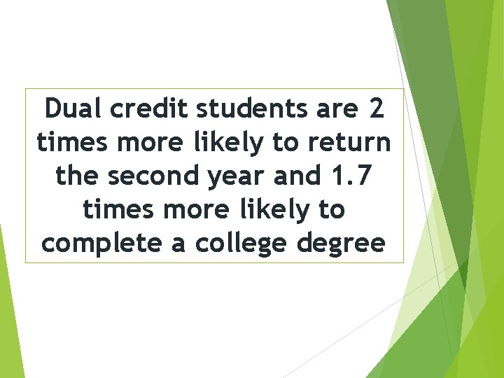 Dual credit students are 2 times more likely to return the second year and