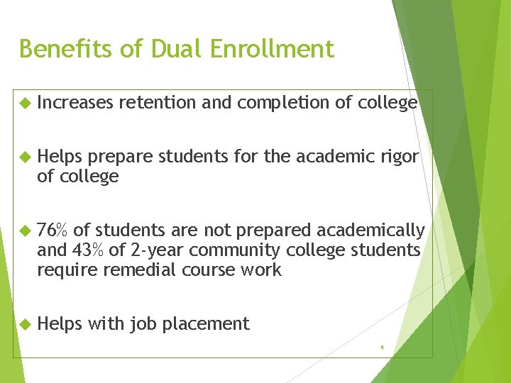 Benefits of Dual Enrollment Increases retention and completion of college Helps prepare students for