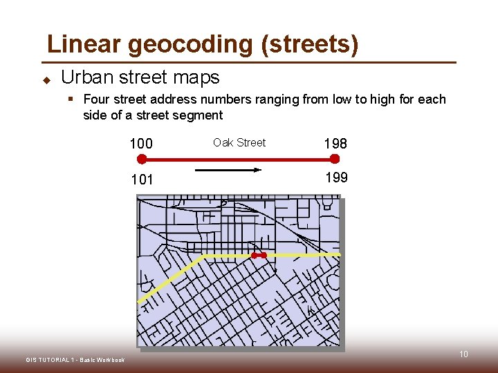 Linear geocoding (streets) u Urban street maps § Four street address numbers ranging from