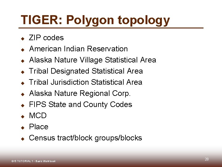 TIGER: Polygon topology u u u u u ZIP codes American Indian Reservation Alaska