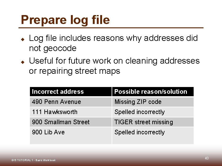 Prepare log file u u Log file includes reasons why addresses did not geocode