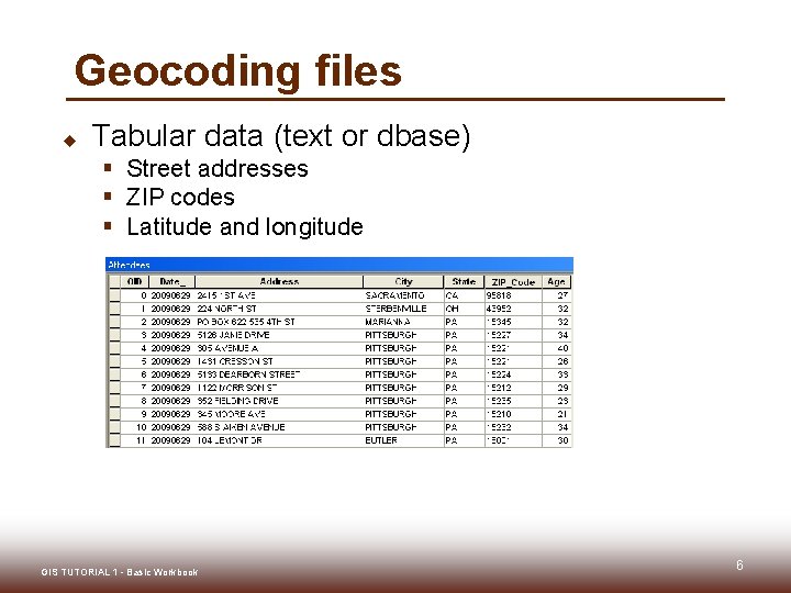 Geocoding files u Tabular data (text or dbase) § Street addresses § ZIP codes
