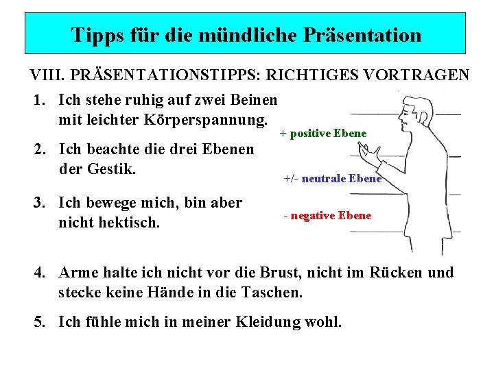 Tipps für die mündliche Präsentation VIII. PRÄSENTATIONSTIPPS: RICHTIGES VORTRAGEN 1. Ich stehe ruhig auf