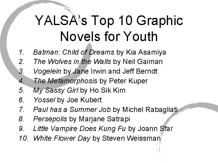 YALSA’s Top 10 Graphic Novels for Youth 1. 2. 3. 4. 5. 6. 7.