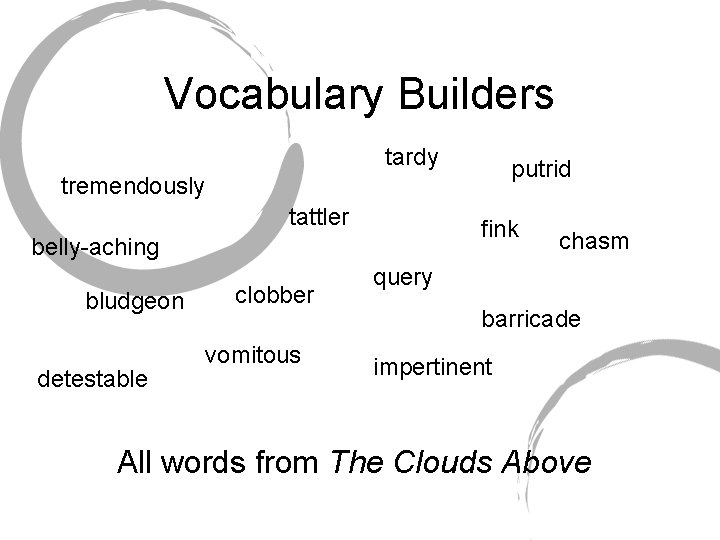 Vocabulary Builders tardy putrid tremendously tattler fink belly-aching bludgeon detestable clobber vomitous chasm query