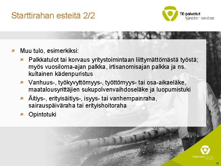 Starttirahan esteitä 2/2 Muu tulo, esimerkiksi: Palkkatulot tai korvaus yritystoimintaan liittymättömästä työstä; myös vuosiloma-ajan