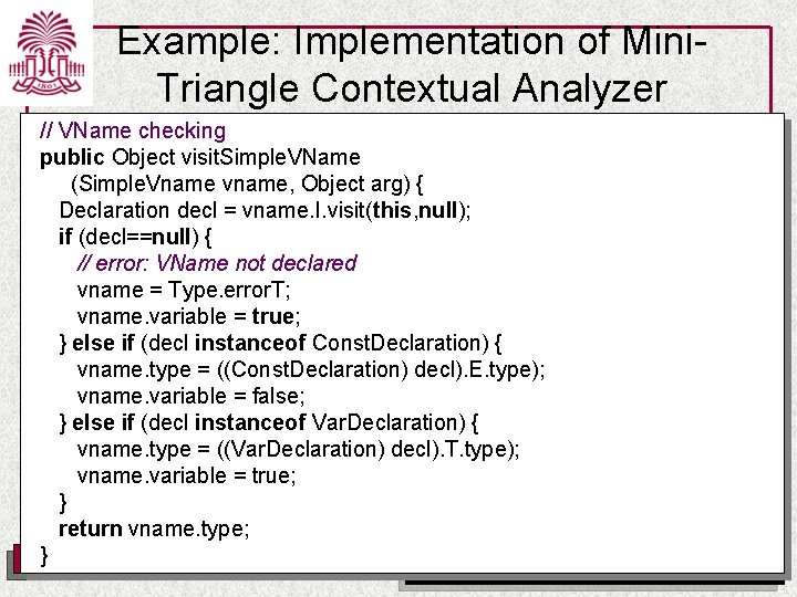 Example: Implementation of Mini. Triangle Contextual Analyzer // VName checking public Object visit. Simple.