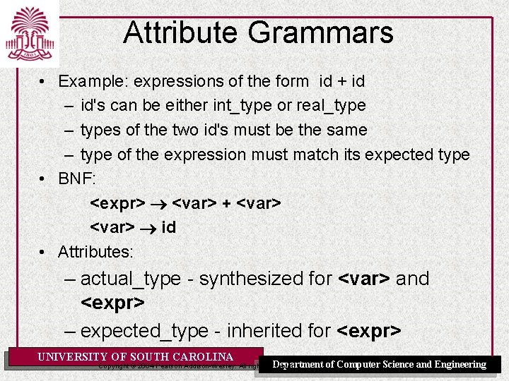 Attribute Grammars • Example: expressions of the form id + id – id's can