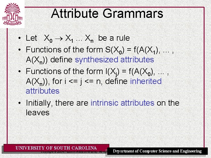 Attribute Grammars • Let X 0 X 1. . . Xn be a rule