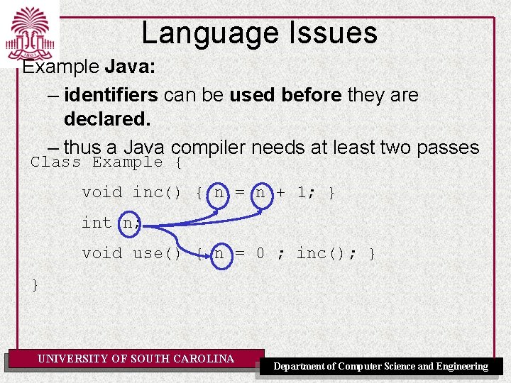 Language Issues Example Java: – identifiers can be used before they are declared. –