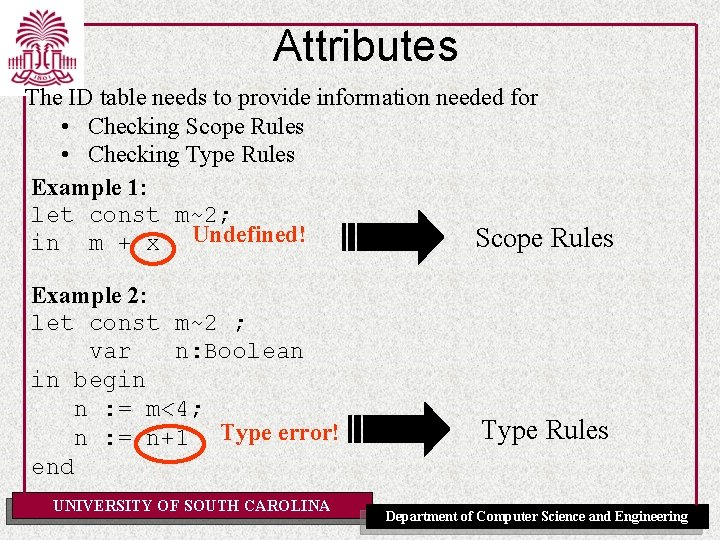 Attributes The ID table needs to provide information needed for • Checking Scope Rules
