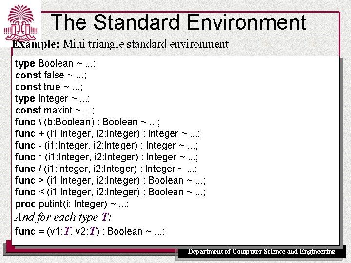 The Standard Environment Example: Mini triangle standard environment type Boolean ~. . . ;