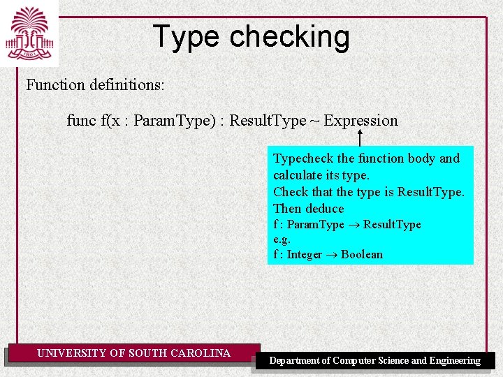 Type checking Function definitions: func f(x : Param. Type) : Result. Type ~ Expression