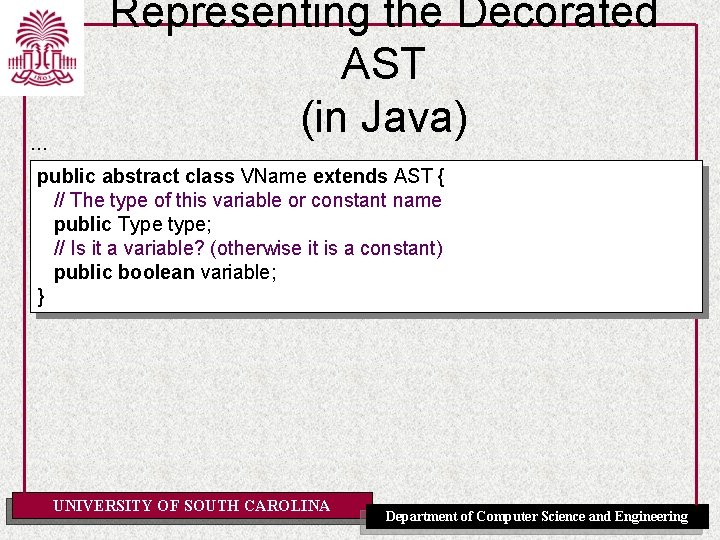 . . . Representing the Decorated AST (in Java) public abstract class VName extends