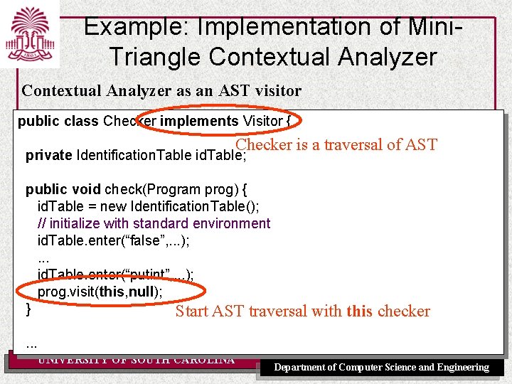 Example: Implementation of Mini. Triangle Contextual Analyzer as an AST visitor public class Checker