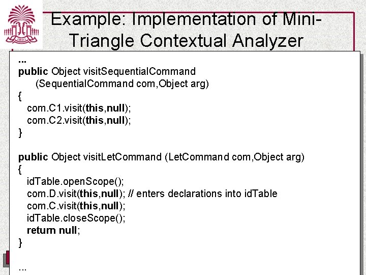 Example: Implementation of Mini. Triangle Contextual Analyzer. . . public Object visit. Sequential. Command