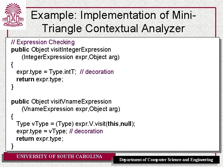 Example: Implementation of Mini. Triangle Contextual Analyzer // Expression Checking public Object visit. Integer.