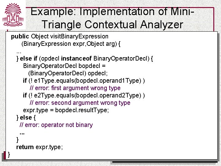 Example: Implementation of Mini. Triangle Contextual Analyzer public Object visit. Binary. Expression (Binary. Expression