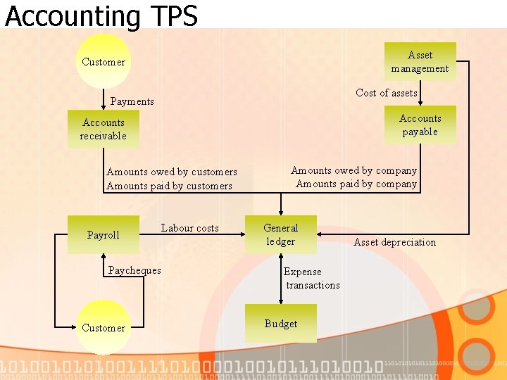 Accounting TPS Asset management Customer Cost of assets Payments Accounts payable Accounts receivable Amounts