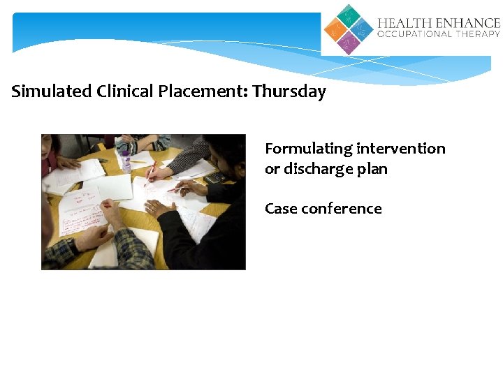 Simulated Clinical Placement: Thursday Formulating intervention or discharge plan Case conference 