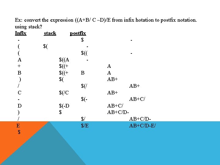 Ex: convert the expression ((A+B/ C –D)/E from infix hotation to postfix notation. using