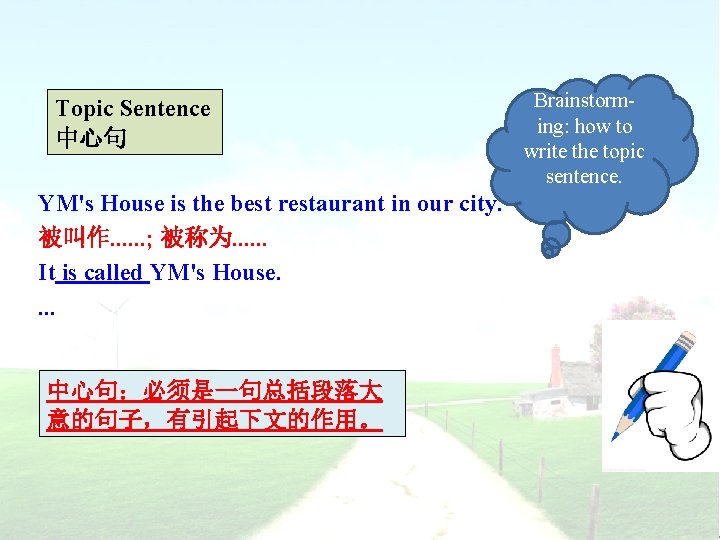 Topic Sentence 中心句 YM's House is the best restaurant in our city. 被叫作. .