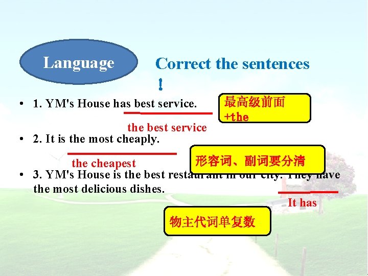 Language Correct the sentences ！ • 1. YM's House has best service. the best