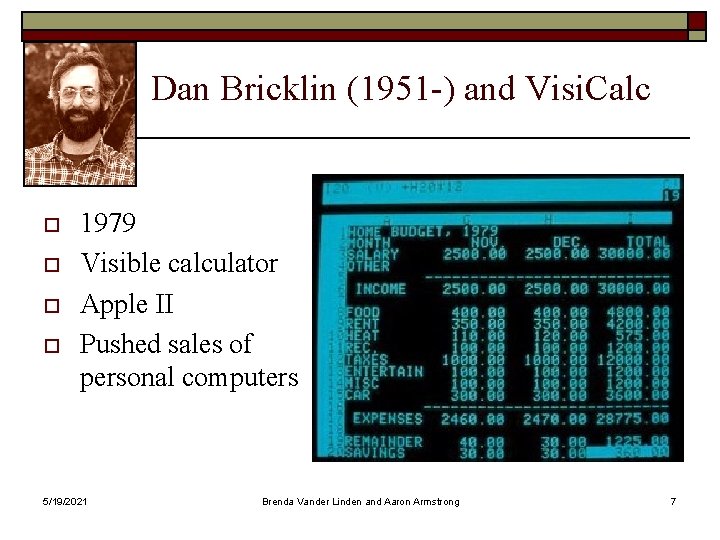 Dan Bricklin (1951 -) and Visi. Calc o o 1979 Visible calculator Apple II