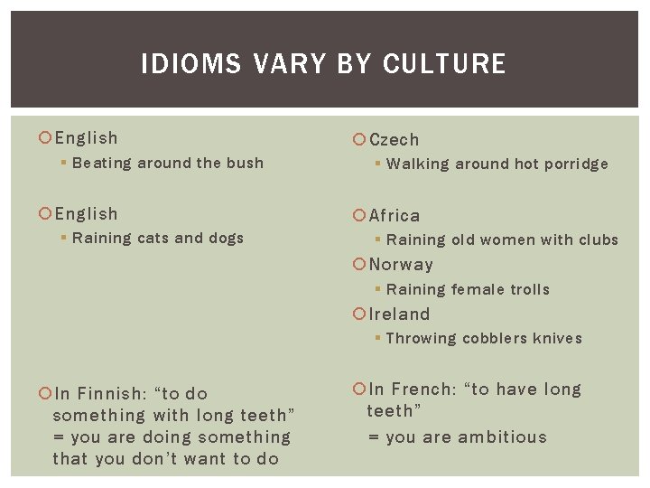 IDIOMS VARY BY CULTURE English § Beating around the bush English § Raining cats