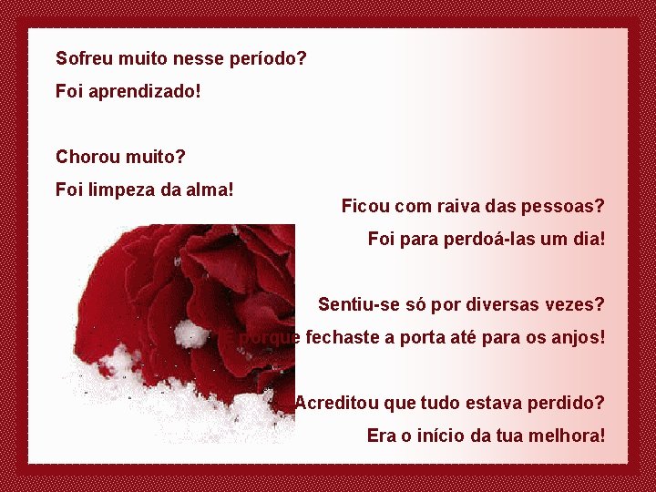 Sofreu muito nesse período? Foi aprendizado! Chorou muito? Foi limpeza da alma! Ficou com