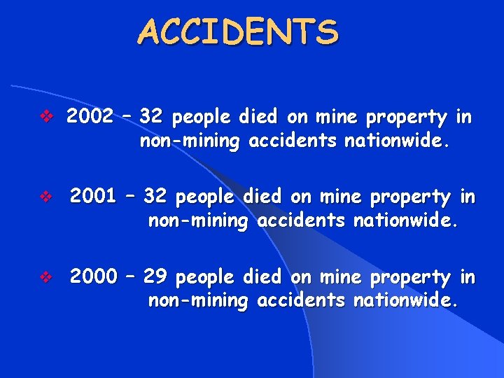 ACCIDENTS v 2002 – 32 people died on mine property in non-mining accidents nationwide.