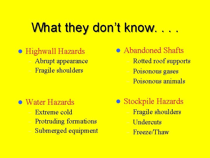 What they don’t know. . l Highwall Hazards l Abandoned Shafts – Rotted roof