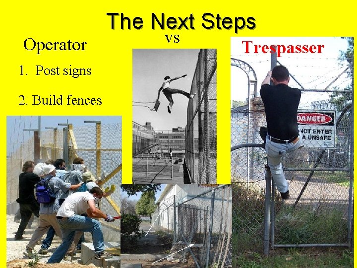 Operator 1. Post signs 2. Build fences The Next Steps vs Trespasser 