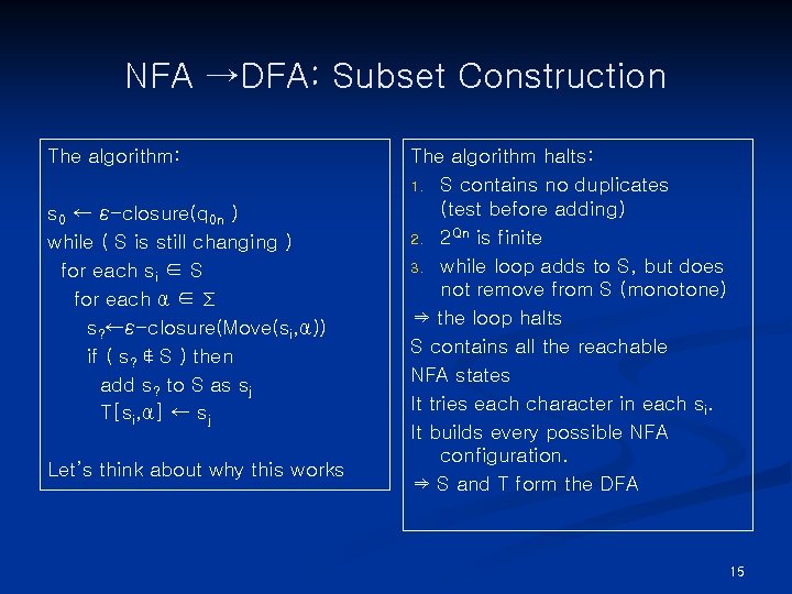 NFA →DFA: Subset Construction The algorithm: s 0 ← ε-closure(q 0 n ) while