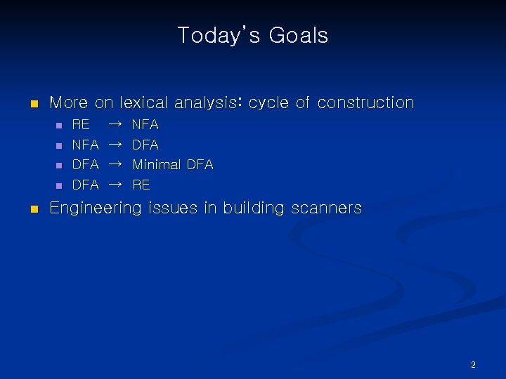 Today’s Goals n More on lexical analysis: cycle of construction n n RE NFA