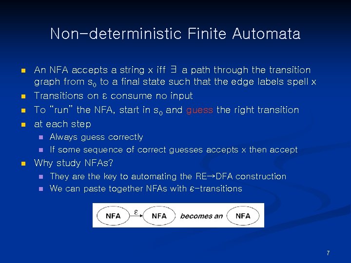 Non-deterministic Finite Automata n n An NFA accepts a string x iff ∃ a