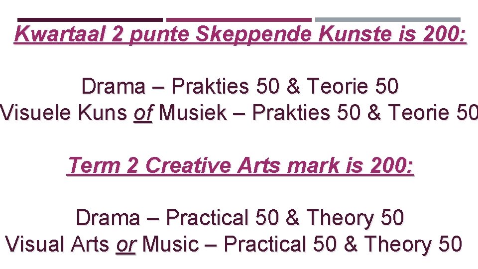 Kwartaal 2 punte Skeppende Kunste is 200: Drama – Prakties 50 & Teorie 50 Kwartaal 2 punte Skeppende Kunste is 200: Drama – Prakties 50 & Teorie 50